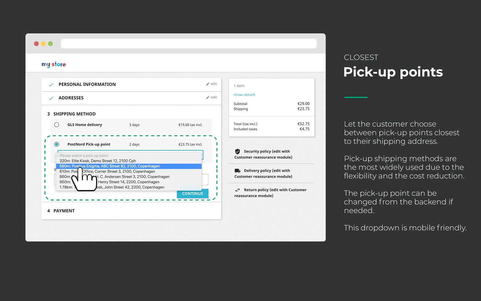 Show closest pickup points during checkout